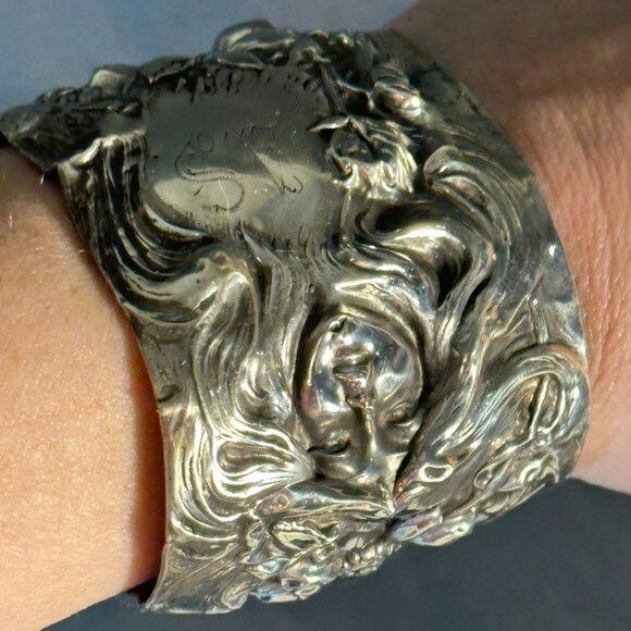 American Beauty Floral Sterling Silver Alphonse Mucha Cuff Bracelet Art Nouveau - Picture 1 of 10
